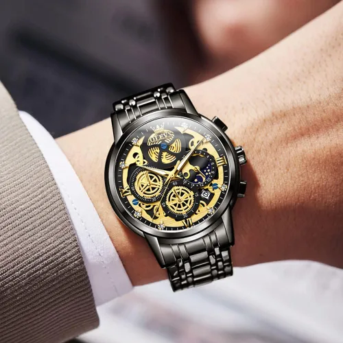 Vista 5 de OLEVS Relojes de esqueleto para hombre analógico de cuarzo multifuncional cronógrafo impermeable de lujo luminosos para hombre