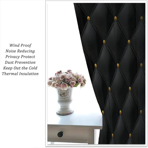 Vista 134 de Cortinas Negras con Dobladillo Dorado, Cortinas Opacas con Bolsillo para Barra con Estampado de Rayas de Foil en Onda Dorada para Decoración de Negro