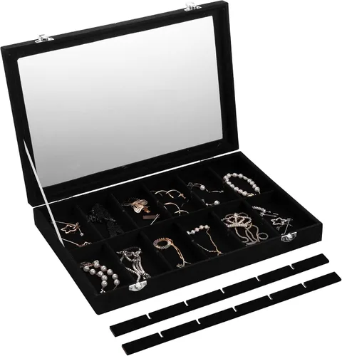 Vista 4 de Frebeauty Bandeja de joyería de terciopelo, organizador de joyas de 24 rejillas con tapa transparente, organizador de aretes con cierre, anillos