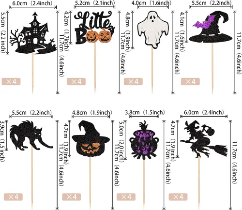 Vista 2 de Rsstarxi Paquete de 24 adornos para cupcakes Little Boo con purpurina, bruja, gato, calabaza, castillo, fantasma, magdalenas, alimentos, decoración