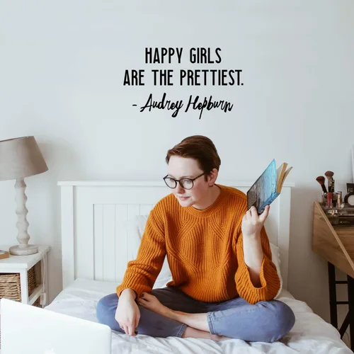 Vista 2 de Calcomanía de vinilo para pared, diseño de Happy Girls are The Prettiest, 12 x 20 pulgadas, calcomanía motivacional de moda con cita positiva