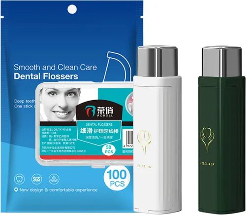 Vista 10 de Paquete de 2 dispensadores de hilo dental portátiles (150 púas de repuesto), estuche compacto de hilo dental de una sola presión para viajes