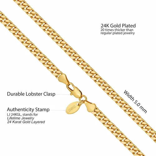 Vista 4 de LIFETIME JEWELRY Miami Curb - Collar de cadena de eslabones cubanos de corte cuadrado, chapado en oro de 24 quilates (0.197in y 0.374in), Chapado
