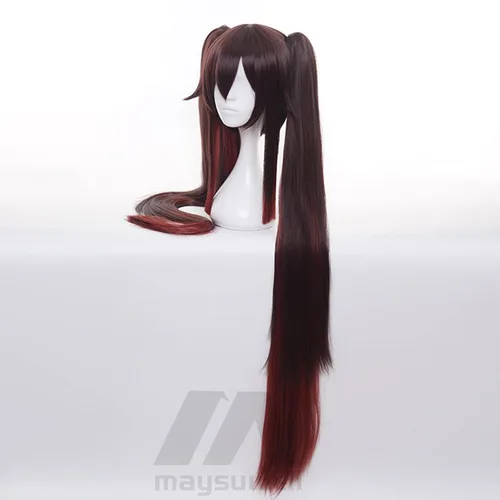 Vista 2 de Genshin Impact Hutao Peluca de pelo largo castaño degradado con gorra de peluca gratis para Comic Con, espectáculo de cosplay, Halloween