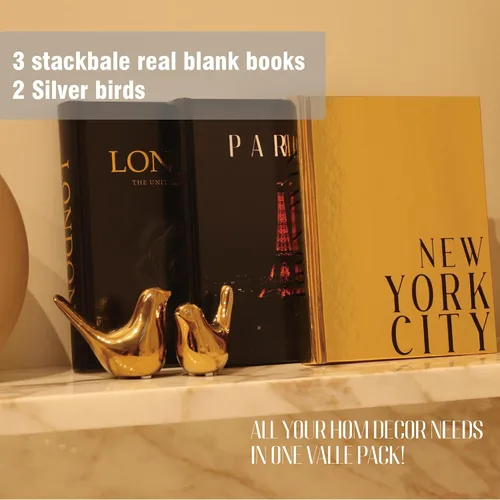 Vista 11 de Libros decorativos para decoración del hogar con pequeñas estatuas de pájaros doradas, decoración del hogar dorada, decoración de libros de mesa