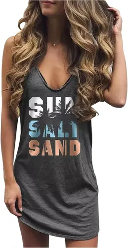 Vista 11 de CHUNTIANRAN Mini vestido para mujer, vestido hawaiano sin mangas para playa 1776 negro