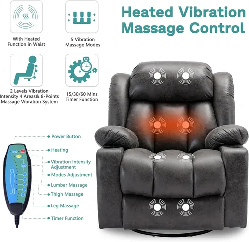 Vista 4 de MEETWARM Massage Swivel Rocker Recliner with Heat and Vibration, Manual Glider Rocking Recliner Chair, 360°Swivel Lounge Reclining Chair with Cup