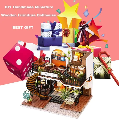 Vista 6 de Roroom Kit de casa de muñecas en miniatura y muebles, modelo de casa de muñecas de madera en 3D con cubierta a prueba de polvo y movimiento musical
