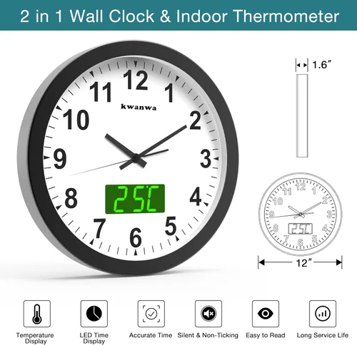 Vista 2 de Reloj de pared, con pantalla digital LED, silencioso sin tictac, de cuarzo de 12 pulgadas, funciona con pilas, reloj de pared analógico redondo Caja