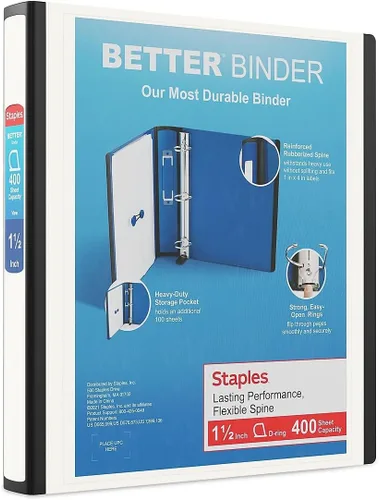 Vista 50 de Carpeta con anillos en forma de "D" de 1 pulgada para mejor visualización Staples, Negro