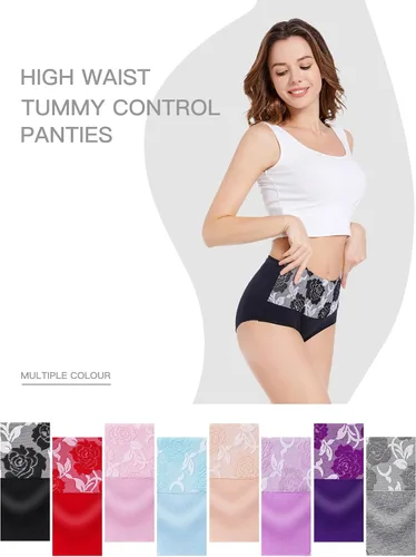 Vista 2 de HAVVIS Bragas Ropa Interior de Mujer de Algodón Cintura Alta Control Abdominal Panties Rosa Jacquard para Damas Multipack Calzoncillos 01 - Paquete