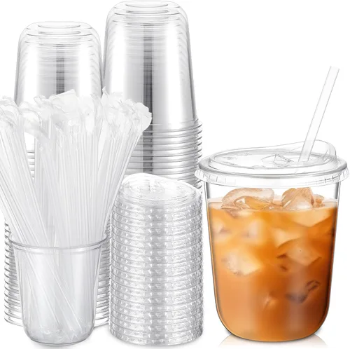 Vista 10 de Ziliny Paquete de 25 vasos de plástico transparente de 12 onzas con tapas para sorbos y pajitas, tazas desechables para café helado de cristal