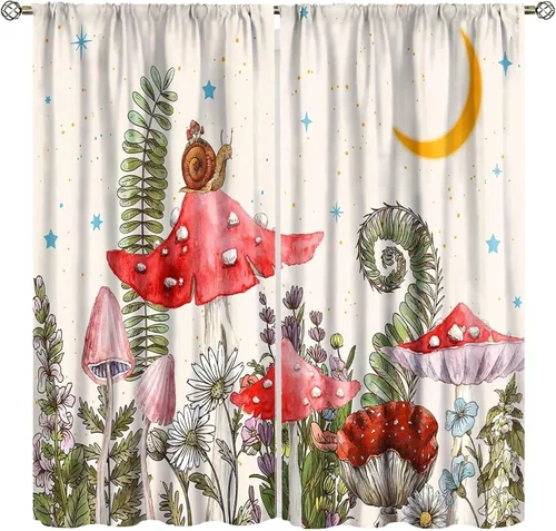 Vista 8 de Cortinas de hongos, tratamiento de ventana con estampado botánico de plantas para sala de estar, cortinas para el hogar, 2 paneles, decoración de 42