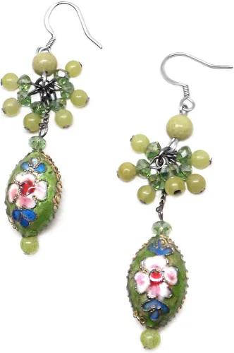 Vista 2 de Lime Green Chinese Cloisonne Enamel Cluster Drop Earrings Pierced or Clip On