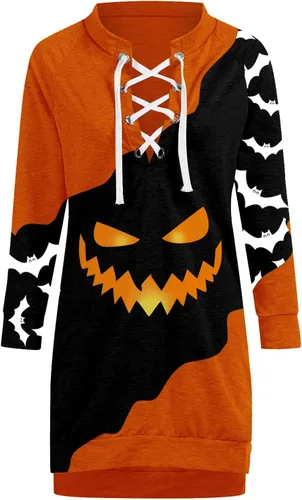 Vista 3 de Vestido sexy con hombros descubiertos para mujer estampado de calabaza tiras cruzadas con bloques de color vestido corto con estampado de calabaza