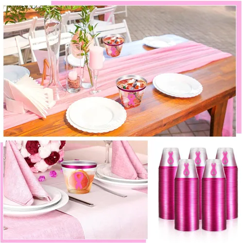Vista 6 de Gejoy 50 vasos de plástico desechables de 9 onzas para concienciación sobre el cáncer de mama, con borde rosa, vasos desechables para fiestas, copas
