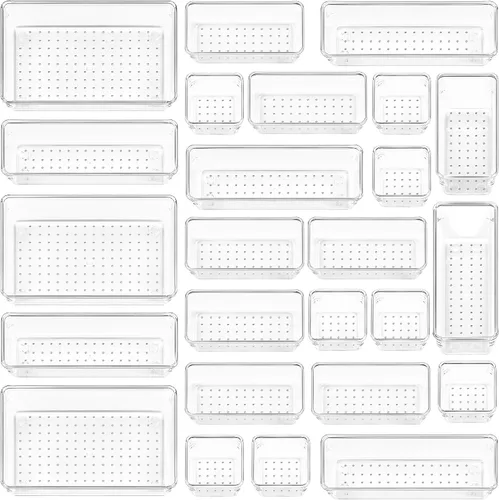 Vista 14 de Vtopmart - Juego de 25 organizadores de cajones de plástico, 4 tamaños versátiles, charolas organizadoras de cajones para baño y tocador, Blanco