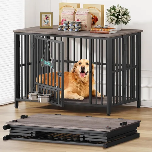 Vista 8 de Easycom 104 cm mueble de jaula para perros plegable, sin ensamblaje perrera decorativa para interior, jaulas para perros grandes (15.9-27.2 kg)