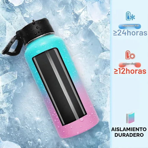 Vista 5 de Neihepal Botellas de agua aisladas de 32 onzas con 2 tapas (tapa con popote y boquilla), botella de agua de doble pared de acero inoxidable 18/8