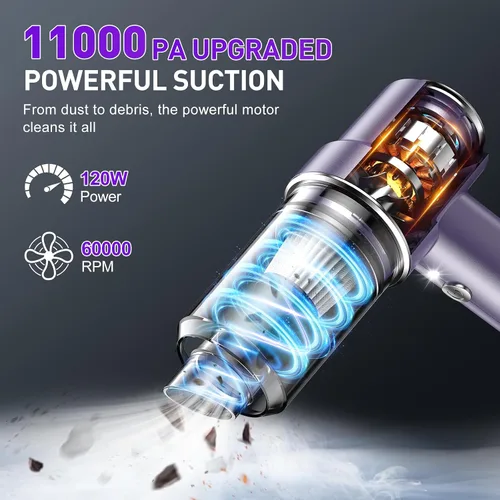 Vista 2 de KMM Aspiradora de mano para automóvil, aspiradora de 11000 PA y plumero de aire, aspiradora de alta potencia de 120 W, portátil, inalámbrico