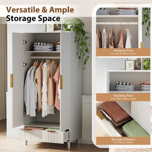 Vista 4 de VINGLI Armario Ropero Estriado con Puertas y Cajones, Gabinete Armario Blanco con Barra para Colgar, Armario de Madera para Dormitorio, Armario