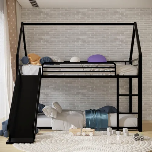 Vista 3 de Litera de cama individual sobre individual con tobogán, marco de cama en forma de casa con escalera, estructura de cama baja de servicio pesado