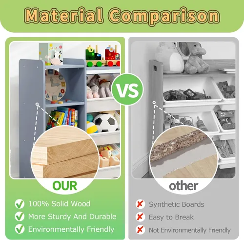 Vista 5 de MallBest Estante organizador de almacenamiento de juguetes para niños de 4 niveles, 100% madera maciza, armario de almacenamiento para niños con 9
