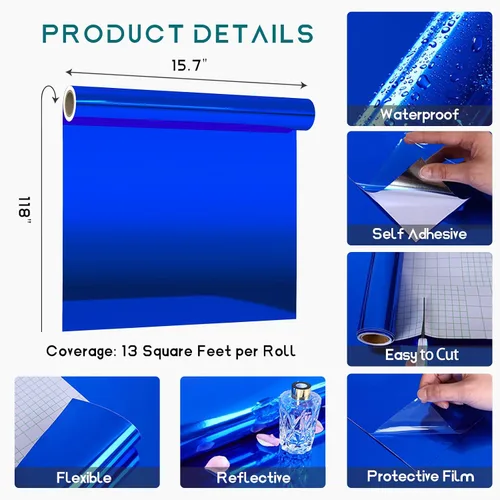 Vista 7 de VEELIKE Papel tapiz de vinilo metálico azul brillante de 15.7''x118'', despegar y pegar, vinilo espejo azul no reflectante, rollo de vinilo adhesivo