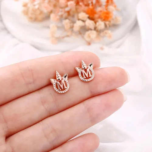 Vista 5 de Regalos para el día de San Valentín para niños y niñas, aretes de plata de ley S925, chapados en orooro rosa, aretes de unicornio con circonita