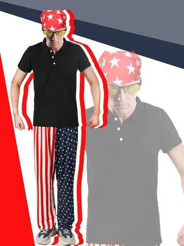 Vista 6 de Suhine 4 piezas de disfraz de Halloween para hombre, incluye camiseta negra, pantalones de bandera estadounidense, bandana, lentes amarillos