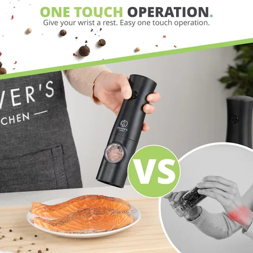 Vista 5 de Oliver's Kitchen ® Molinillos eléctricos de sal y pimienta, no requiere baterías con base USB-C recargable, fácil operación con 1 toque, grosor
