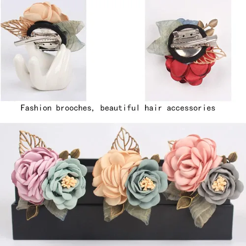 Vista 4 de Broche de flores de tela para mujer, broche de moda, horquilla, cabeza de flor, doble propósito (multicolor opcional)