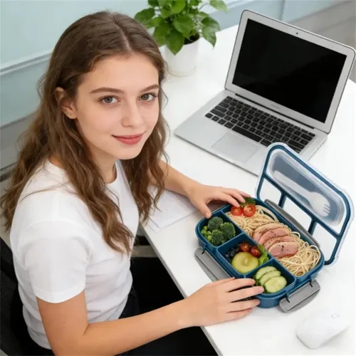Vista 7 de Okllen Paquete de 3 loncheras Bento con cuchara y 4 compartimentos, recipientes de plástico para preparación de comidas con tapas, contenedor