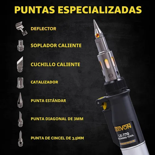 Vista 3 de LEXIVON Kit multiusos de soldador de butano Juego de 7 puntas de llama ajustable inalámbrico de encendido automático Grado Profesional