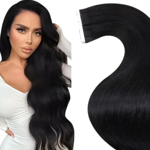 Vista 73 de LaaVoo Extensiones adhesivas de cabello humano real, color negro azabache, extensiones de cabello humano liso y sedoso, 10 pulgadas, 20