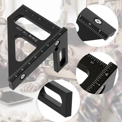 Vista 6 de Regla de medición imperial 3D multiángulo, transportador cuadrado de carpintería de aleación de aluminio de 45/90 grados, regla triangular