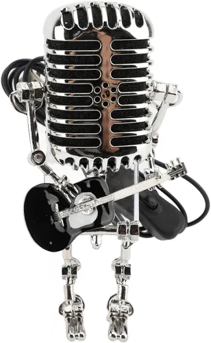 Vista 5 de Ymiko Lámpara de mesa con forma de micrófono de estilo retro con diseño de guitarra y robot, luz nocturna de escritorio de metal de aluminio