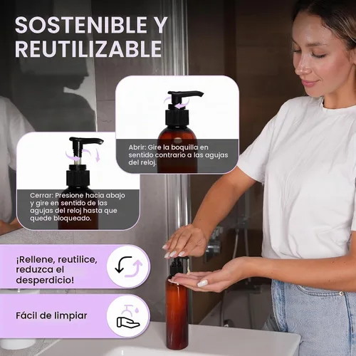 Vista 7 de BRIGHTFROM Botellas con bomba de loción, vacíos de 8 onzas, recipientes de plástico recargables sin BPA, ámbar con dispensador negro para jabón