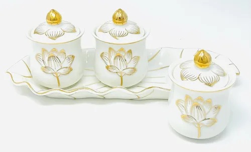 Vista 2 de Houlu Juego de 3 tazas de altar, taza de cerámica para ofrenda de agua bendita, taza de adoración budista tibetana (blanco)