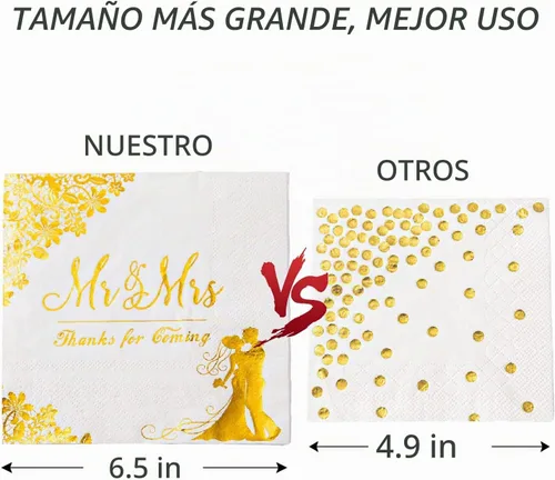 Vista 4 de 100 servilletas doradas de boda para recepción, cóctel, desechables para compromiso, decoración de fiesta de despedida de soltera
