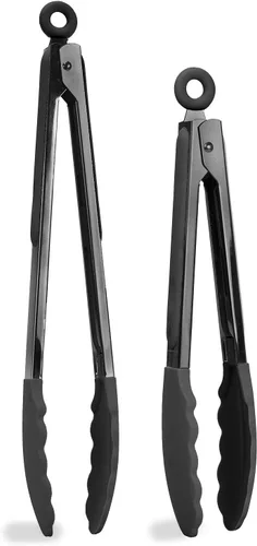 Vista 8 de Country Kitchen Pinzas de cocina de acero inoxidable con punta de silicona para utensilios de cocina antiadherentes, tarifa de BPA, elegante Gris