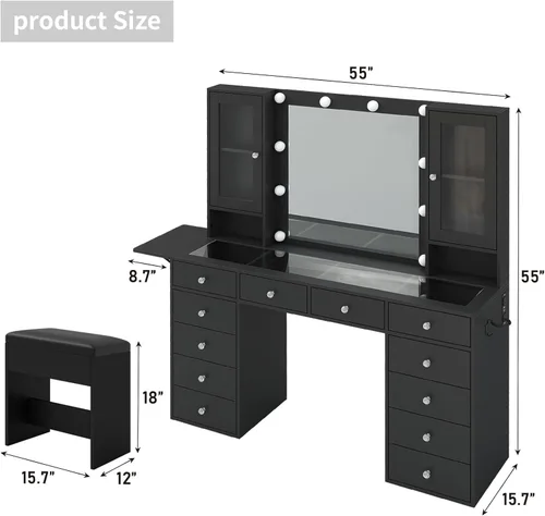 Vista 2 de Yanosaku Escritorio de maquillaje de 55 pulgadas de ancho con espejo y Negro