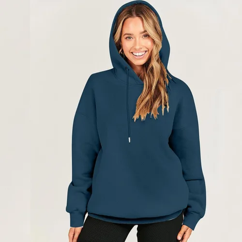 Vista 5 de Sudaderas de invierno para mujer, casual, color sólido, sudaderas con capucha y cordón de manga larga, camisas regulares