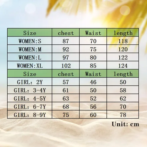 Vista 7 de Vestido de verano a juego con estampado de hojas verdes para madre e hija faldas sin mangas traje de playa a juego para la familia