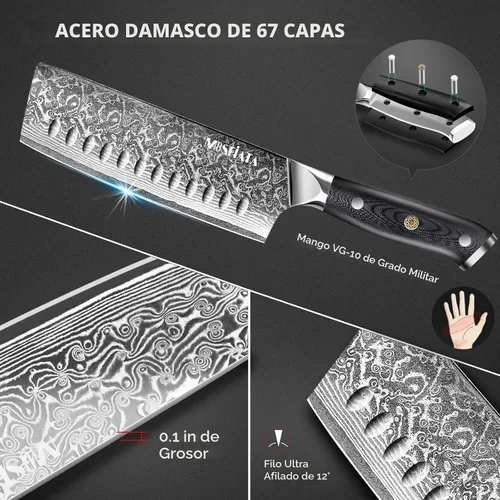 Vista 2 de MOSFiATA 7'Nakiri Cuchillo Damasco Profesional Sharpe Chef Cuchillo Cuchillo Cuchillo de Cocina Cuchillo Cuchillo de Acero Damasco VG-10 Hoja