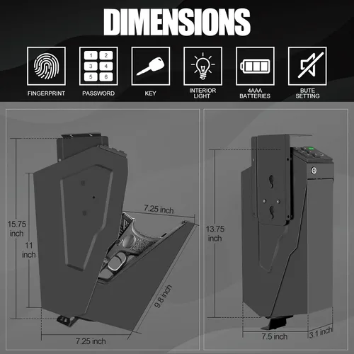 Vista 5 de Caja fuerte biométrica montada para pistolas para mesita de noche, escritorio, junto a la cama, pared, camión - caja fuerte oculta para pistolas