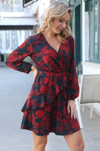 Vista 5 de UGUEST - Vestido corto de manga larga con cuello en V para mujer con diseño floral para fiestas o bodas suelto y acampanado con cinturón
