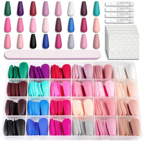 Vista 10 de 576 uñas postizas con forma de ballet de ataúd, uñas postizas acrílicas de cobertura completa, 24 colores con pegamento de uñas de 0.24 onzas