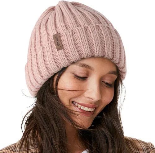 Vista 18 de FURTALK - Gorros de invierno con forro polar para mujer, gorro de punto grueso con calavera, gorro de nieve para mujer Beige