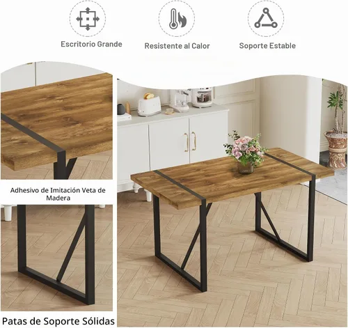 Vista 7 de Juego de mesa de comedor rústica de 5 piezas para 4 personas, mesa de comedor rectangular de madera moderna de mediados de siglo de 55 pulgadas